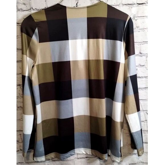 Plaid Color Block Womens 3/4 Zip Long Sleeve Roll up Blouse XL - Picture 4 of 6